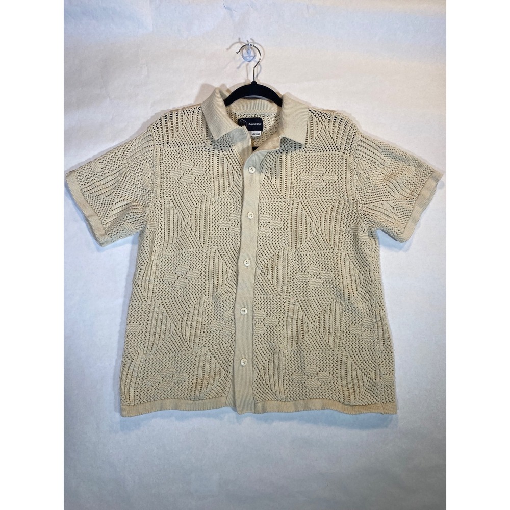 Cream Original Use Crochet Knit Button Down Short Sleeve Shirt Medium Mens